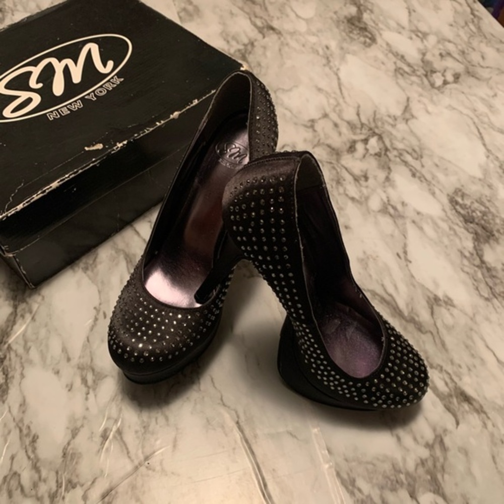 SM New York Black Rhinestone Studded Platform Stiletto Heels – Size 8